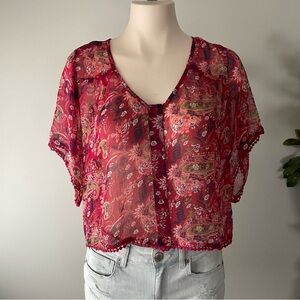 Made In India Boho Chiffon Pom Pom Hem Blouse Shirt Top Button Down Red Hippie